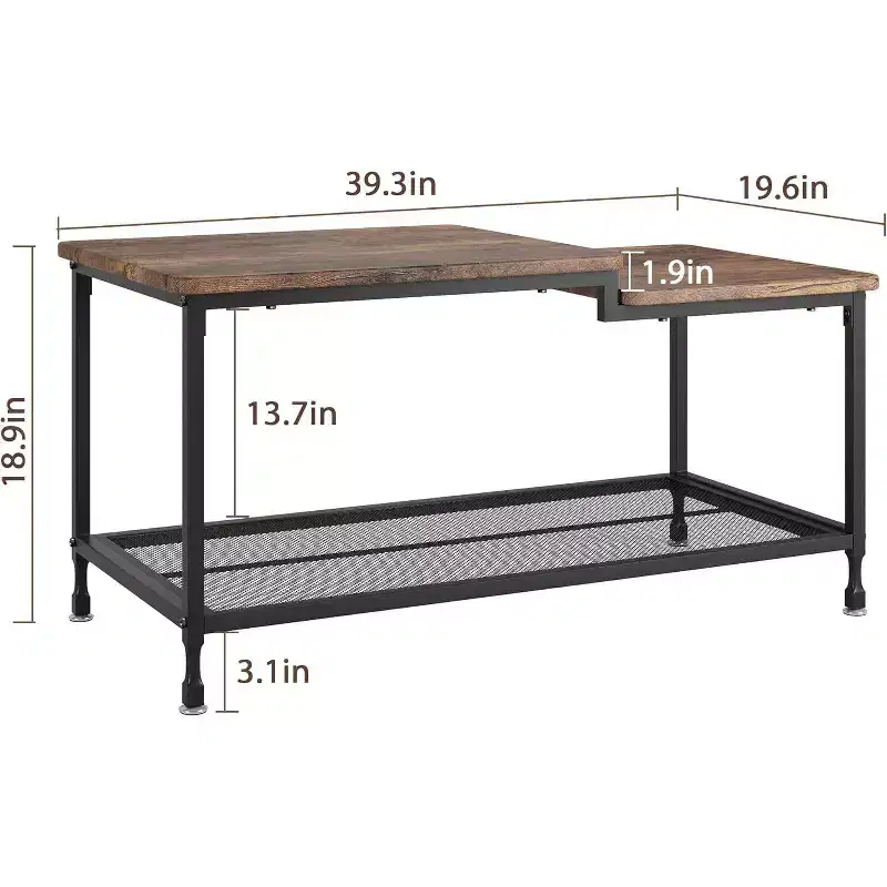 Industrial Coffee Table 2-Tier Rectangle Storage Cocktail Table Living Room Table with Mesh Shelf Metal Frame Sturdy Coffee Table, Rustic Brown