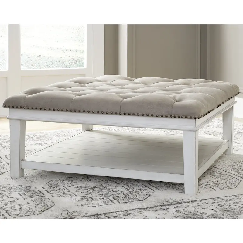 White Square Ottoman Cocktail Table with Lower Shelf, Seats 1