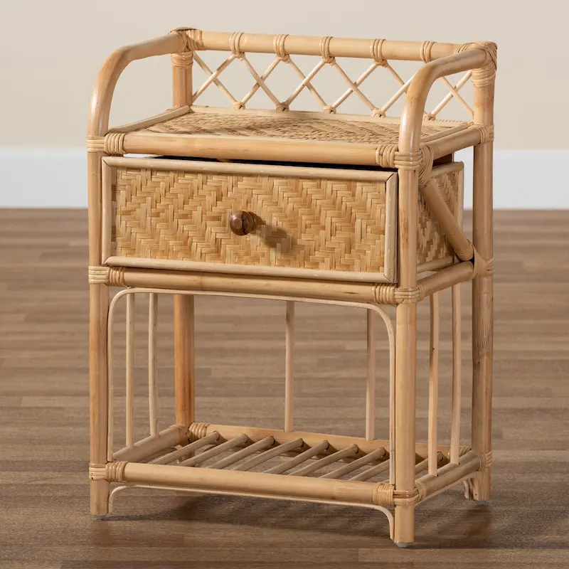 Kobie Modern Bohemian Natural Brown Rattan 1-Drawer Nightstand