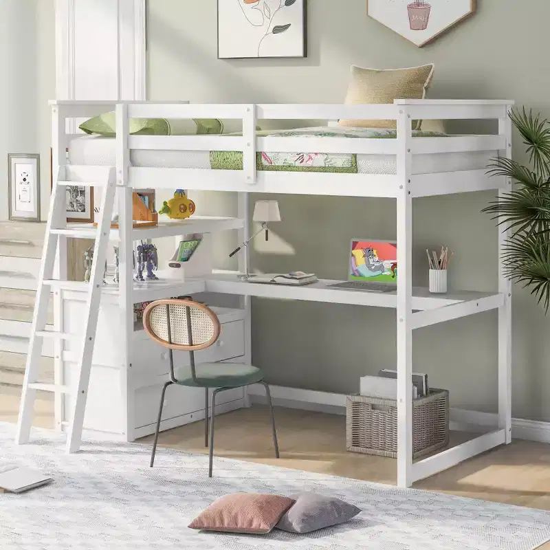 79.5''L*57.1''W Wood Loft Bed with Desk, Shelves and Two Built-in Drawers, Multifunctionl Design