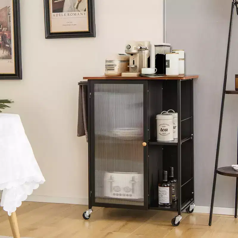 Costway Mobile Serving Cart Metal Kitchen Trolley w/Transparent Single Door Cabinet