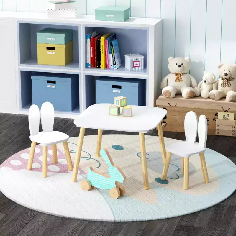 3PCS Kid Table Set with 2 Chairs, Rabbit Toddler Table and Chair Set Wooden Children Activity Play Table Set , White+Natural- ModernLuxe