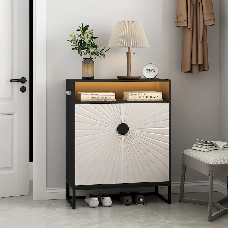 5-Tier Shoe Storage Cabinet, Wooden Shoe Cabinet with Doors Modern Shoe Organizer with Open Shelves