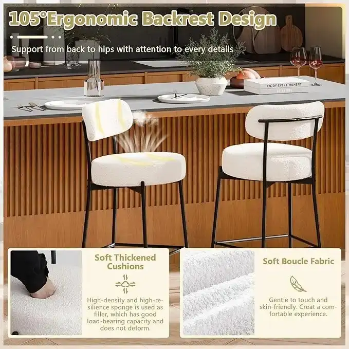XINMICS 24 Inches Modern Counter Height Bar Stools with Curved Back Metal Legs, Upholstered Boucle Barstools, Set of 2/3/4 - N/A
