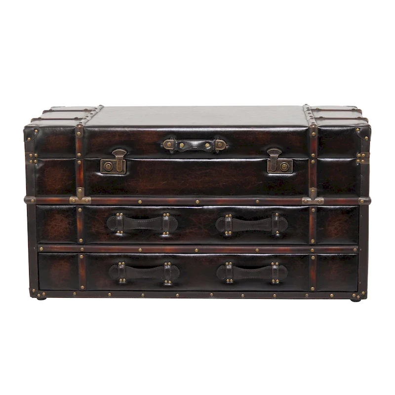 Trunk Coffee Table with 2 Drawers | Faux Leather or Linen | Buckle Hinged Top | Traditional Style | 40x20x21