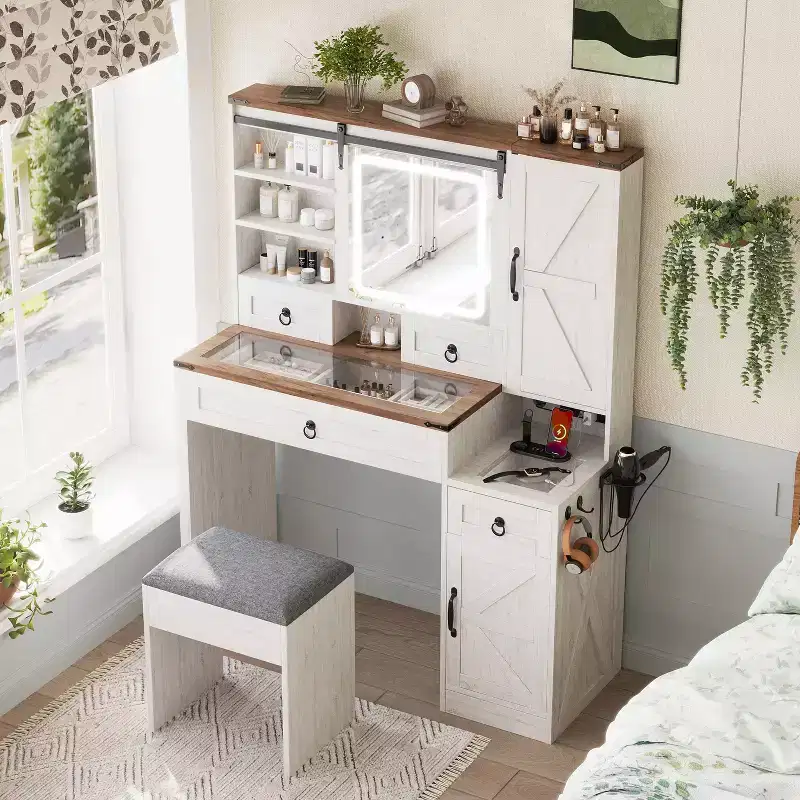 Okak Farmhouse Vanity Desk with Sliding Mirror and Glass Top, Makeup Desk with Stool and Storage, Vintage Vanity for Living Room, White