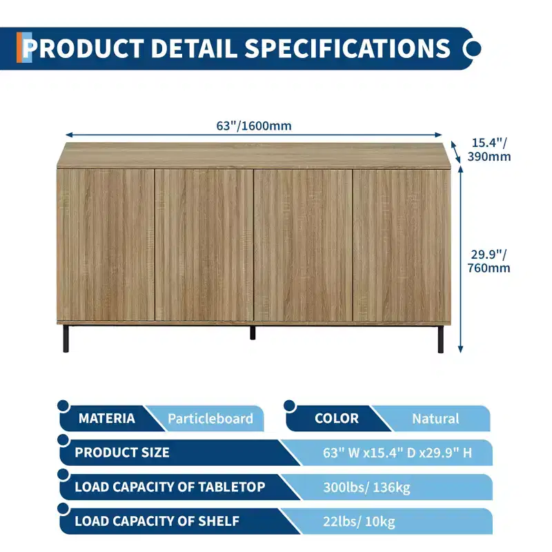 63 Modern Fluted Sideboard Buffet Cabinet with 4 Fluted Doors & Metal Legs & Adjustable Shelves, Kitchen Sideboard Accent Cabinet Console Table