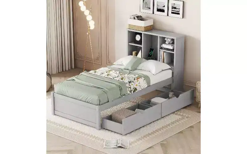 Modern Twin Size Bed Frame with Bookcase Headboard & USB Charging, Wood Platform Bed with 2 Sliding Storage Drawers, Storage Bookcase Bed