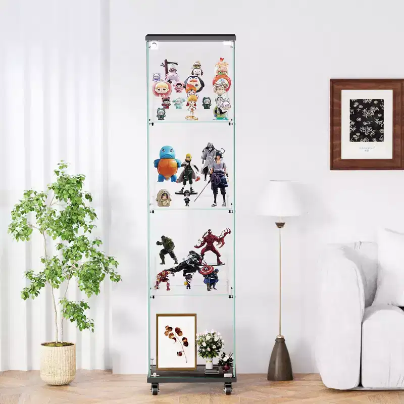 Okak Display Cabinet with Glass Door and Acrylic Shelves, Storage Cabinet with Lock and Wheels, Cabinet for Living Room, Bedroom