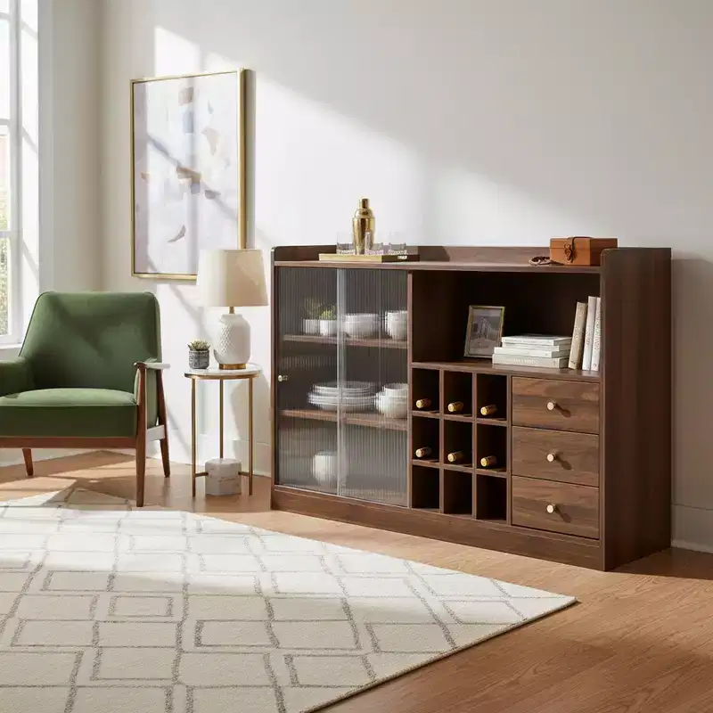 Kitchen Sideboard Buffet Cabinet with Fluted Glass Doors, Drawers & Wine Storage - Walnut
