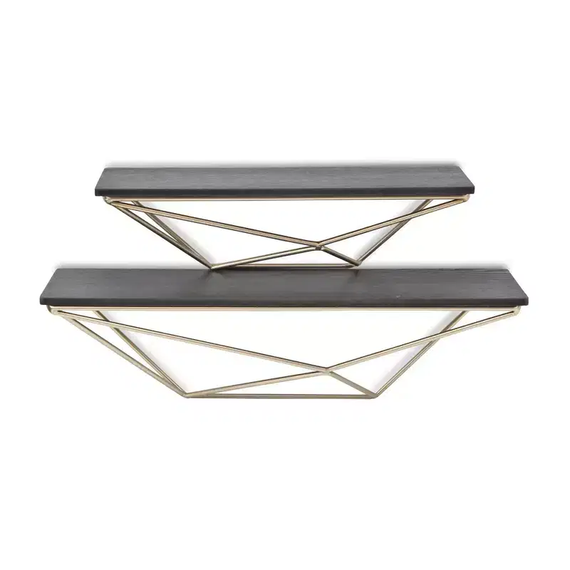 HomeRoots Set Of Two Black And Gold Wood And Metal Modern Wall Mounted Accent Shelves
