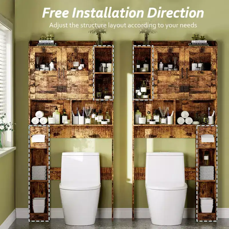 Over the Toilet Storage Cabinet with Adjustable Shelves, Modern Bathroom Organizer Unit with Tempered Glass Door & Open Shelving
