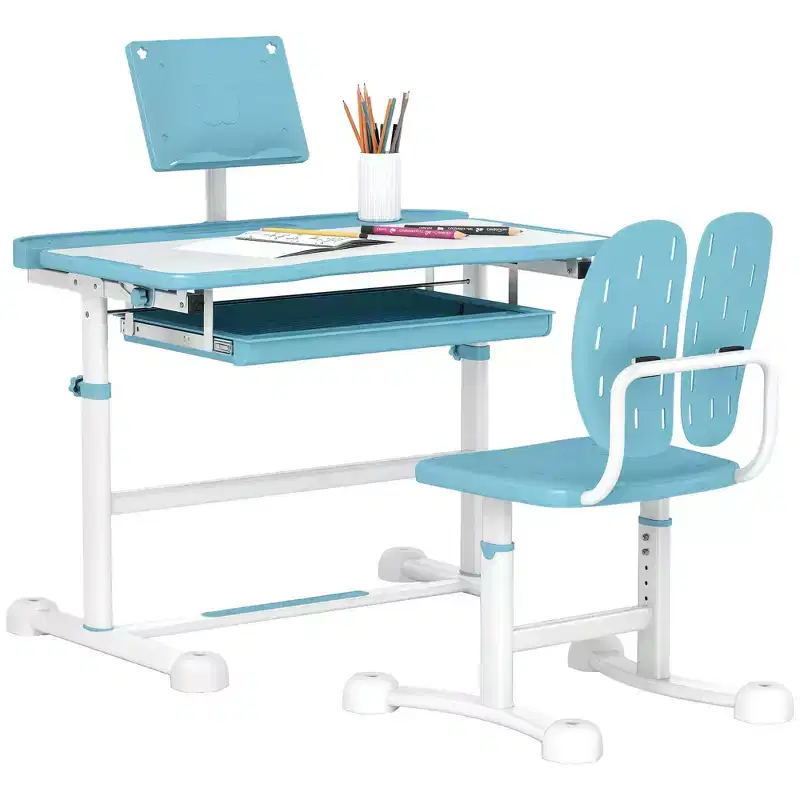 Qaba Kids Desk and Chair Set, Height Adjustable Study Desk and Chair Set with Tilt Desktop & Storage for Writing Reading and Drawing