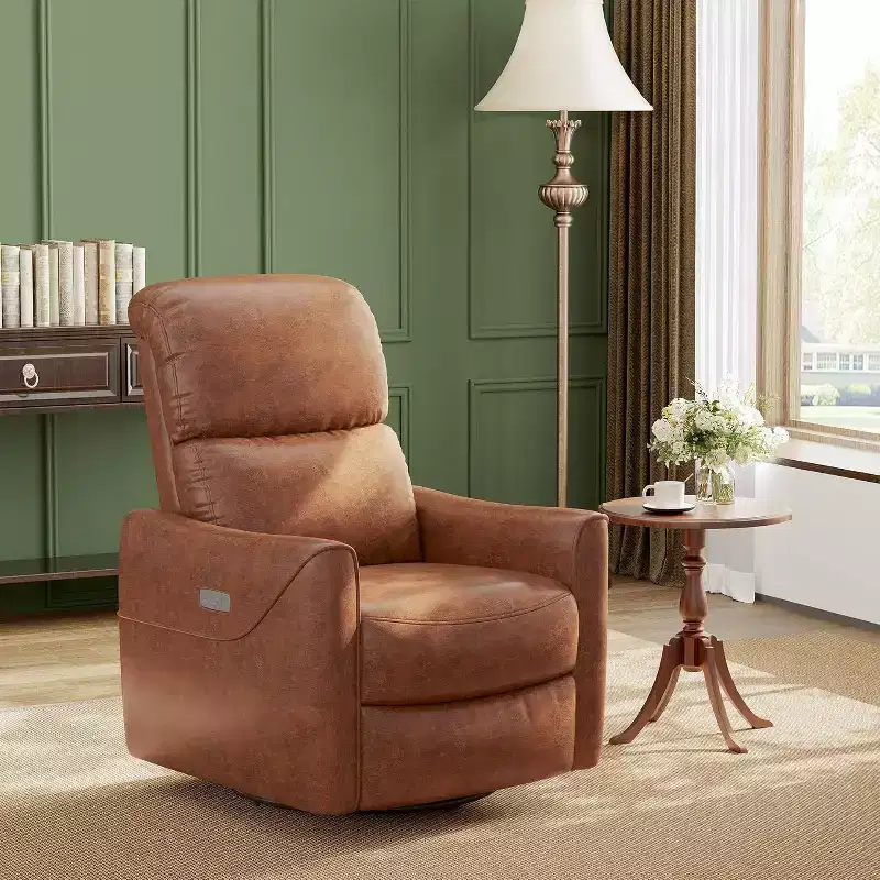 Power Swivel Glider Recliner Chair with USB Port & Lumbar Support, PU Leather Electric Rocker for Nursery, Living Room & Bedroom