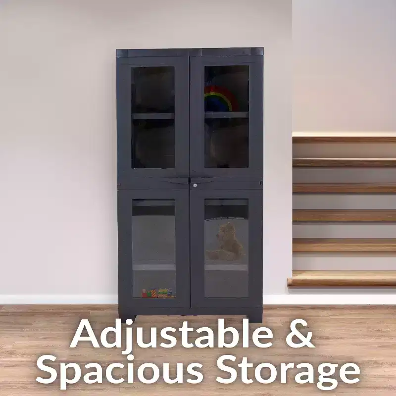 Sunnydaze Plastic Lockable Storage Cabinet with 3 Adjustable Shelves and 4 Windows - Charcoal - 48.75