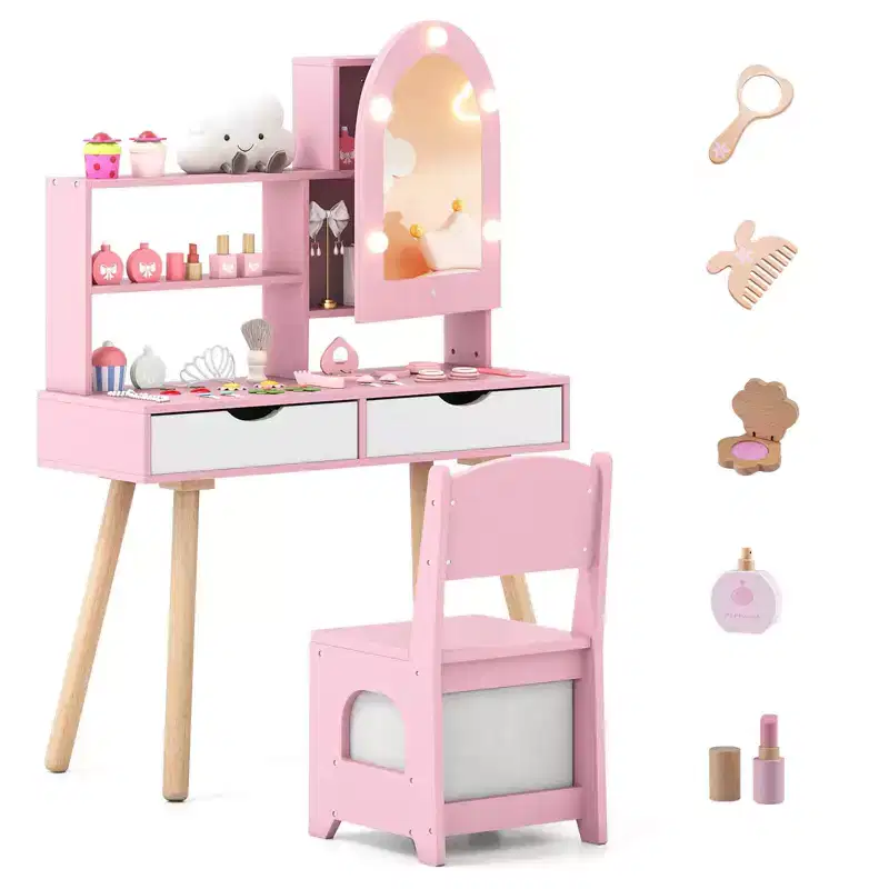 Costway Kids Vanity Set with 3-Color Lighting Modes, Adjustable Brightness, Mirror Cabinet White/Pink