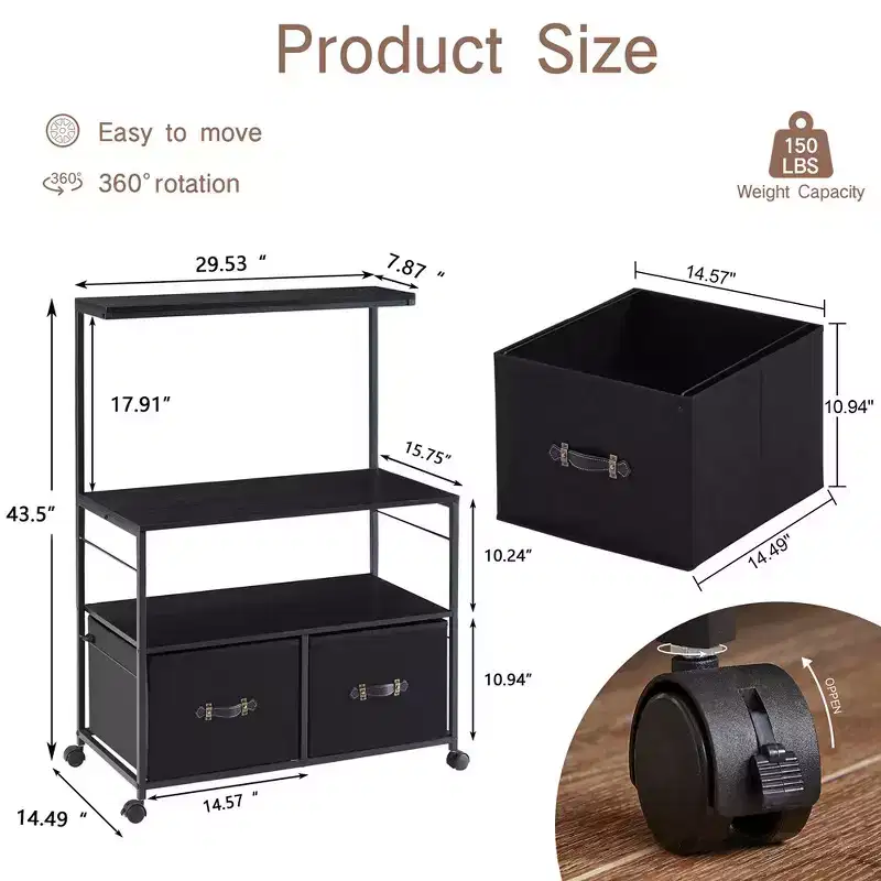 VECELO 2-Drawer Lateral File Cabinet, Rolling Printer Stand with 3 Open Storage Shelf, Fits A4 or Letter Size, Black/Brown