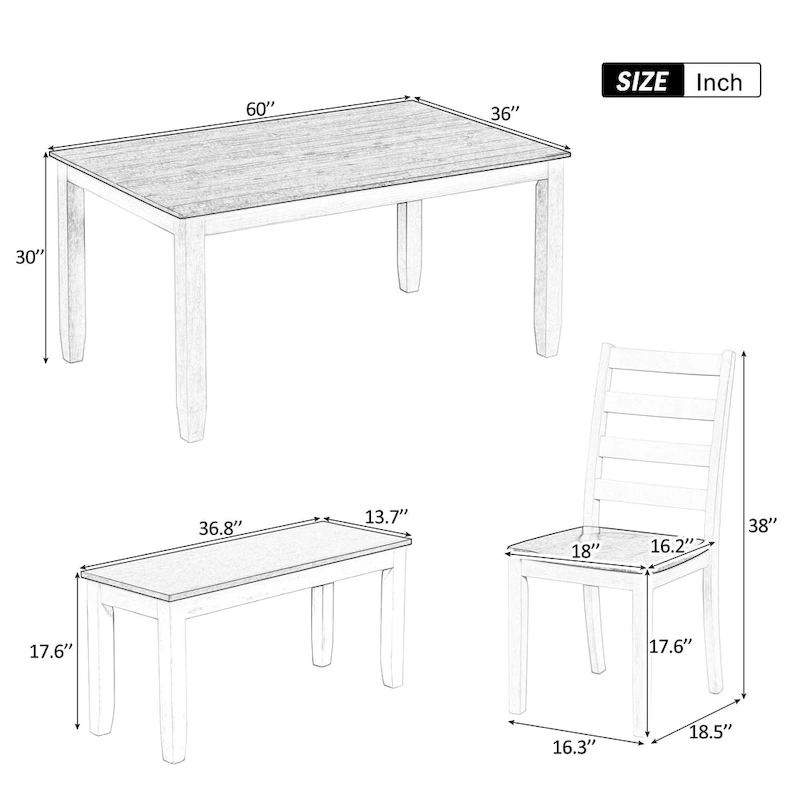 Walnut 6-Piece Wooden Dining Table Set with 4 Ergonomic Chairs & Bench