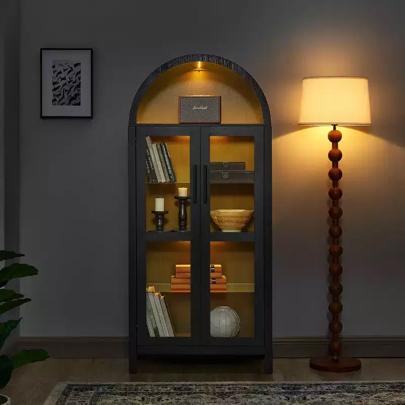 MAYEERTY High Arched Storage Cabinet with Lamp, Modern Retro-Style Wooden Storage Cabinet with Adjustable Glass Partitions Black