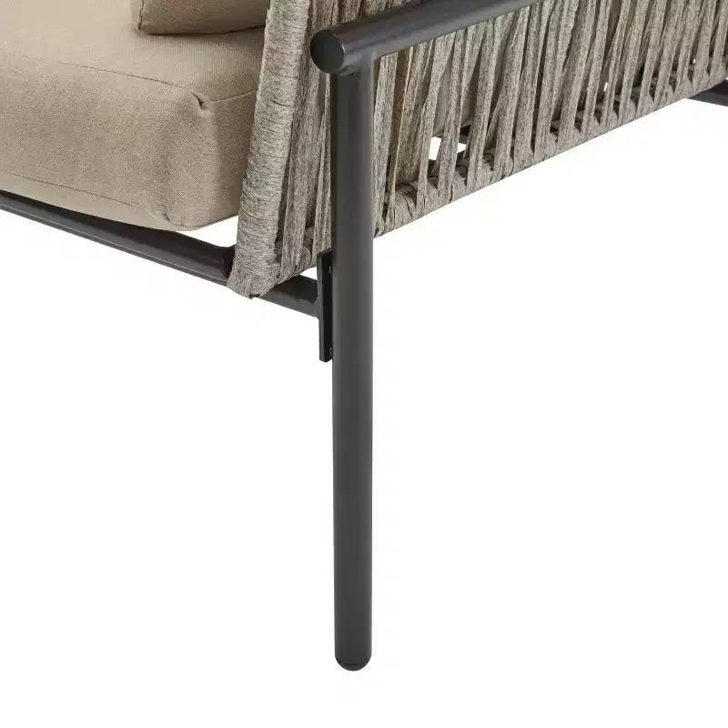 36W Patio Accent Chair Lounge Chair Arm Chair with Cushions, Pillows and Stylish Rope-Weave Design, Iron, Beige+Grey/Natural-ModernLuxe