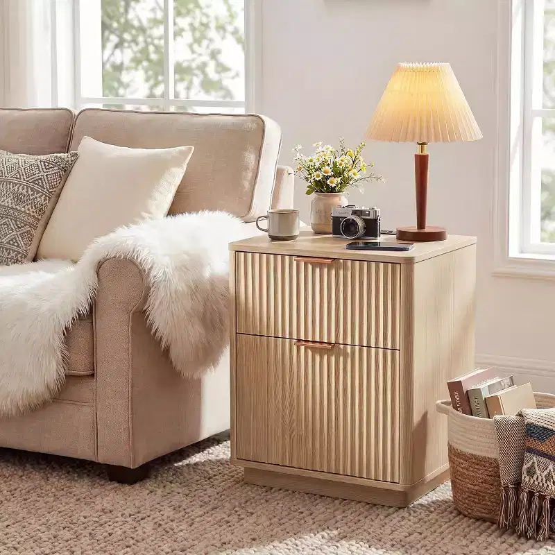 23'' Fluted Nightstand, 2-Drawer Wood Nightstand with Charging Station, Metal Handle & Curved Profile, Modern Side Table for Bedroom/Living Room