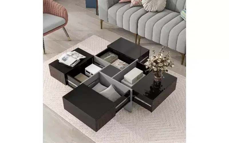 Extendable Puzzle-Top Coffee Table with 4 Hidden Storage, Smart Center Table, Square Table with Extendable Sliding Tabletop, Living Room Table