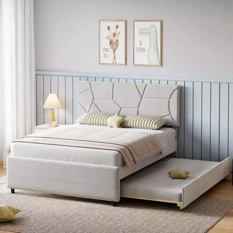 Trundle Bed Frame, Upholstered Platform Bed Frame with Pull-Out Bed, Space-Saving Design, Wood Slat Support, 500LB Capacity, White