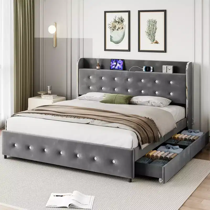 Queen Size Bed Frame with Storage - Upholstered Platform Bed with Charging Station, Trundle & 4 Drawers, Grey