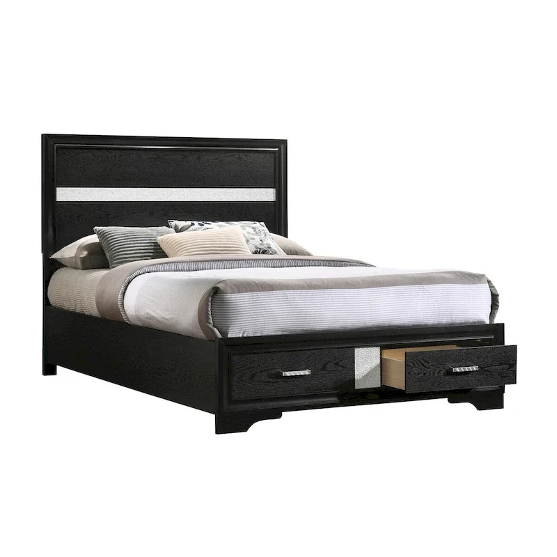 Full Size Storage Bed with 2 Drawers – Glitter Headboard & Footboard, Black