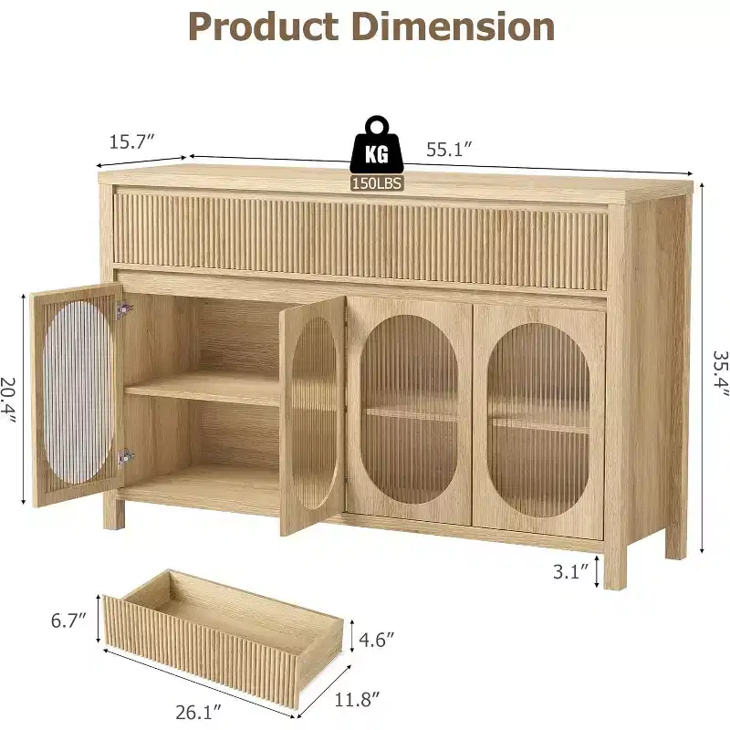 55 Large Sideboard Buffet Cabinet with Storage and 2 Fluted Drawer Front,Natural