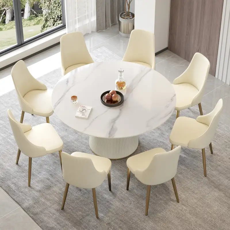 Round PU Pedestal Dining Table Faux Marble Dining Table