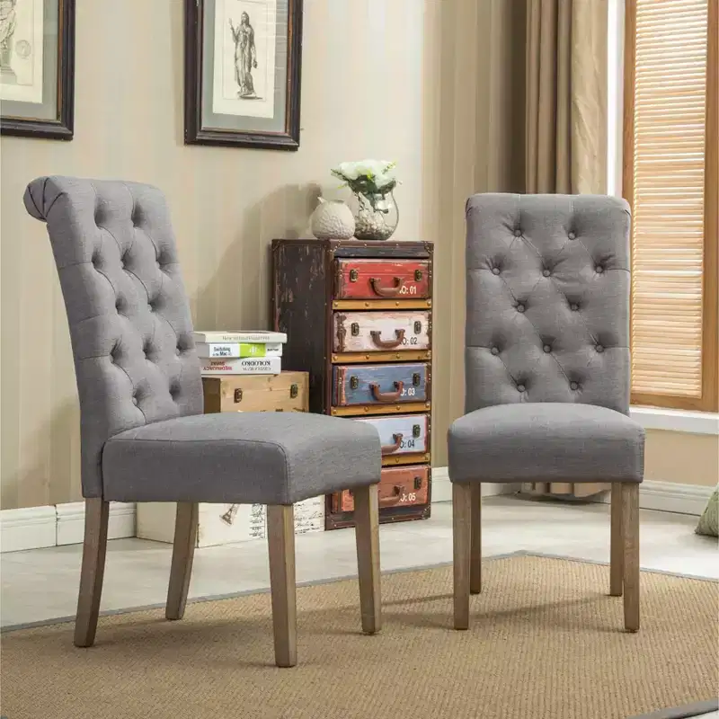 Solid Wood Tufted Parsons Dining Chair, Grey, Set of 2
