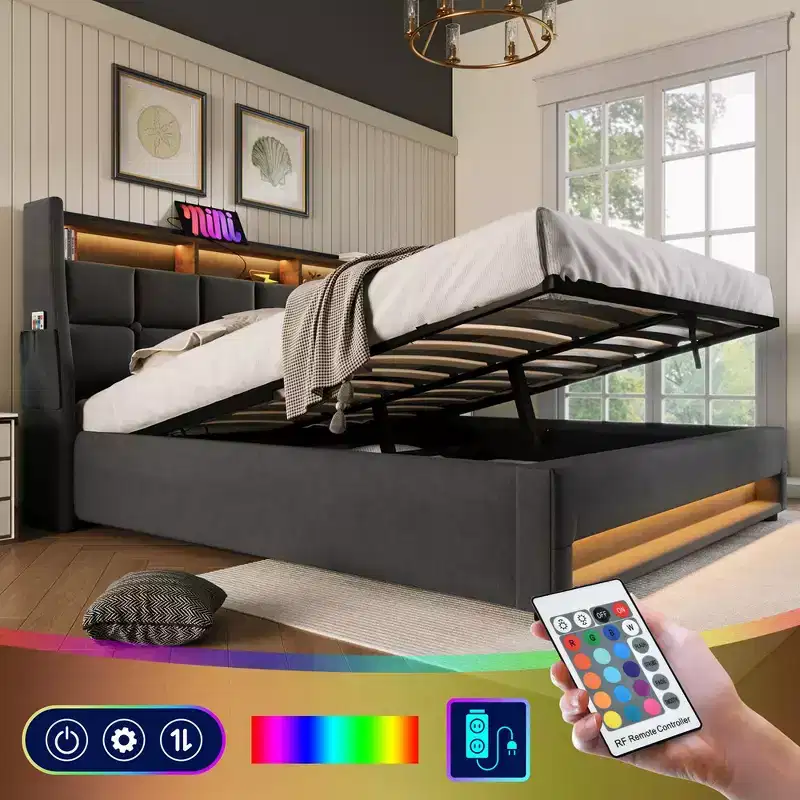 Queen Size Bed Frame with Hydraulic Storage,Upholstered Headboard,RGB LED Light and USB Charging