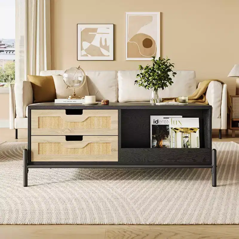 WhizMax Rattan Coffee Table with LED Lights, Mid Century Modern Coffee Table with 4 Drawers and Open Storage Shelf, Wooden Living Room Coffee Table