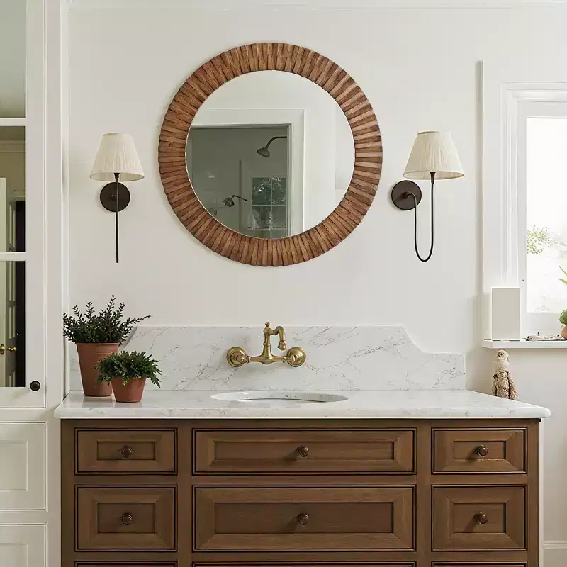 LuxenHome Rustic Oak Wood Textured Round Wall Mirror, 29 Decorative Home Accent Brown