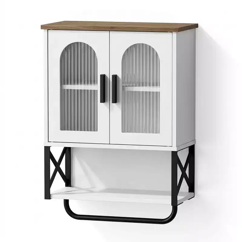 Bathroom Wall Cabinet with Adjustable Shelf, Towel Bar, 2 Glass Doors