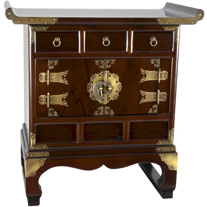 Handmade Korean Antique 3-Drawer End Table | Elmwood | Walnut Finish | Brass Hardware | Lucky Fish Lock