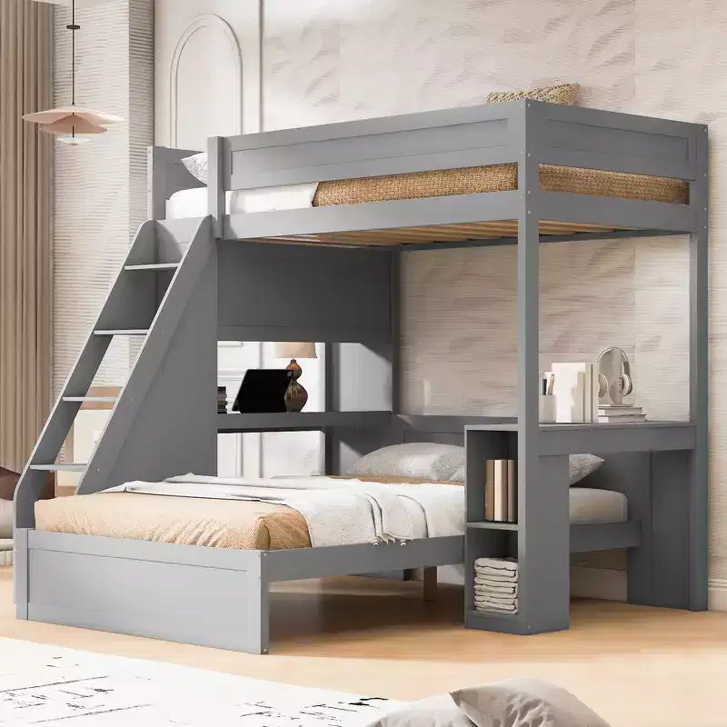 Twin XL Over Full Bunk Bed with Desk and USB, Solid Wood with Side Shelves and Under-Bed Storage