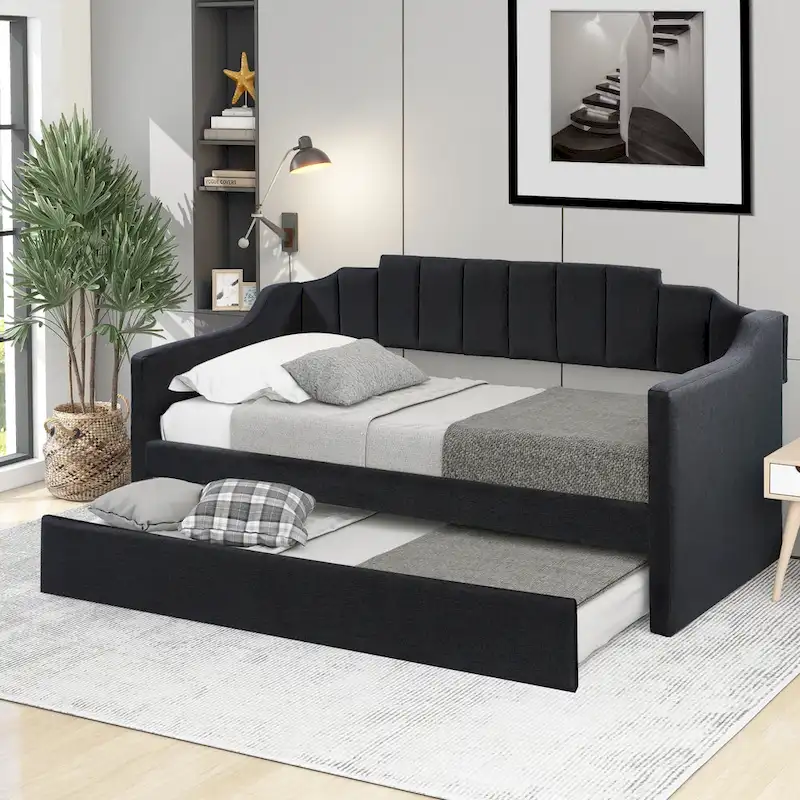 Upholstered Twin Daybed with Trundle, Storage Cabinets