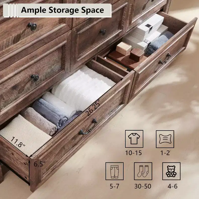 61 Farmhouse Dresser with 8 Drawers, Rustic Wood Closet Storage with Roman Column for Bedroom
