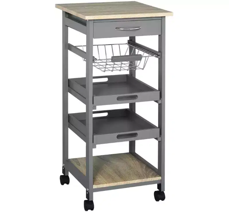 MDF Mobile Kitchen Island Cart with Drawer & Pull-Out Wire Basket - Gray (As Shown)