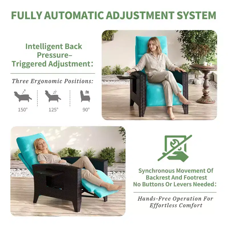 Wicker Recliner Chair with Adjustable Back & Footrest,150 Lay Flat Rattan Reclining Patio Chair with Extendable Side Table & Air Pump