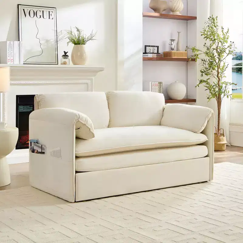 Mjkone 3 in 1 Convertible Pull Out Sleeper Sofa Bed with Pockers, Thicked Cushions , Velvet Pull out Lounge Loveseat Couch