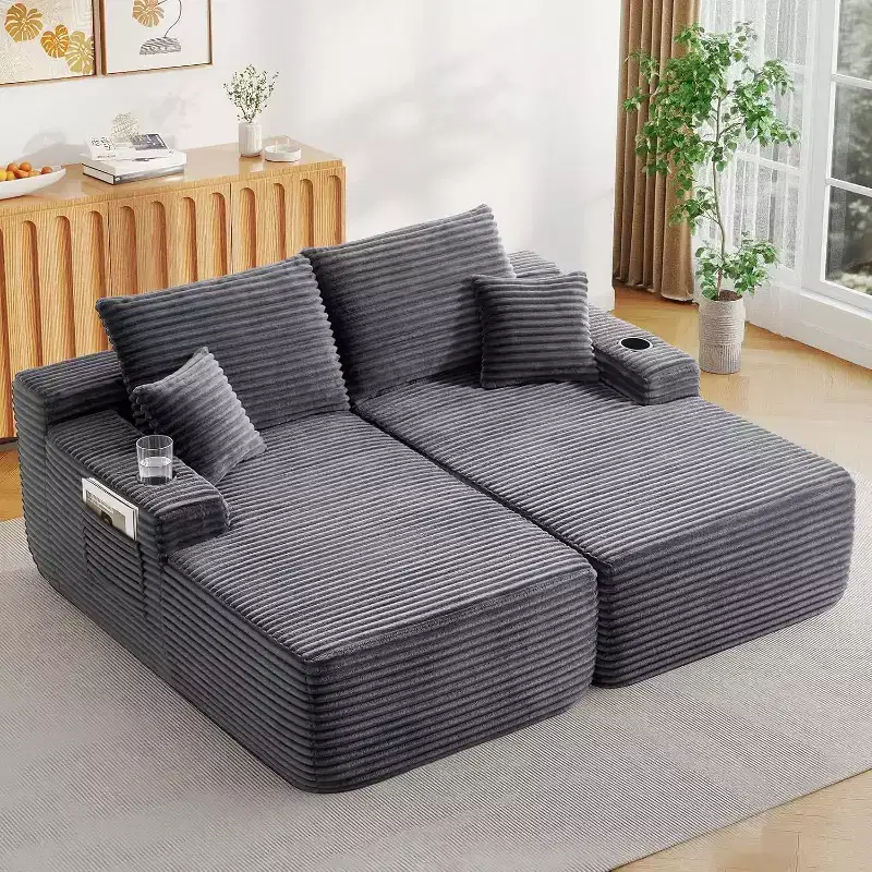 MooxvMoo Double Sectional Sofa, Chaise Lounge Couch Indoor with Deep Seat & Throw Pillow, No Assembly Required, Gray