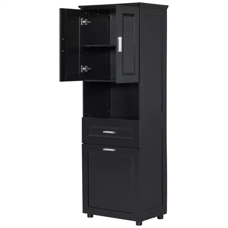 Tall Slim Bathroom Cabinet with Laundry Hamper, 2 Doors & 1 Drawer, for Bathroom, Laundry, or Living Room