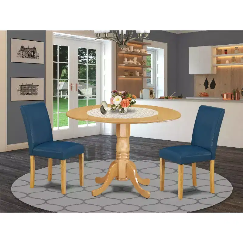 Round Dining Table Set - 42 Table w/ Drop Leaves & 2 Parsons Chairs - Linen White PU Leather