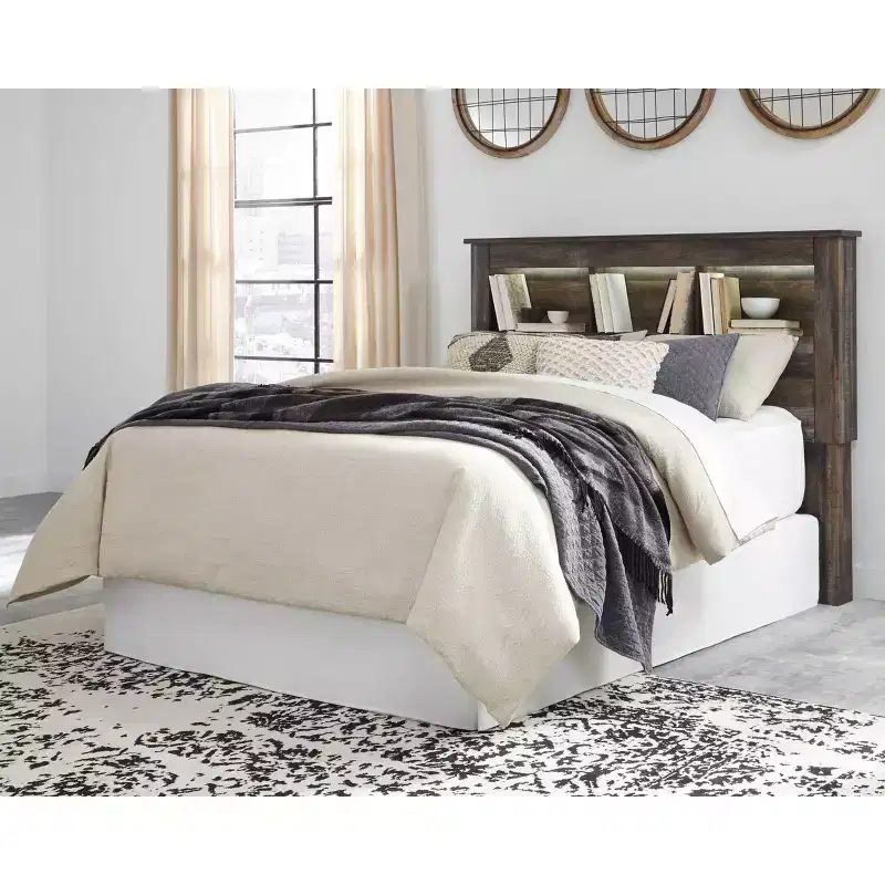 Queen/Full Bookcase Headboard: LED Lighting, Rustic Finish