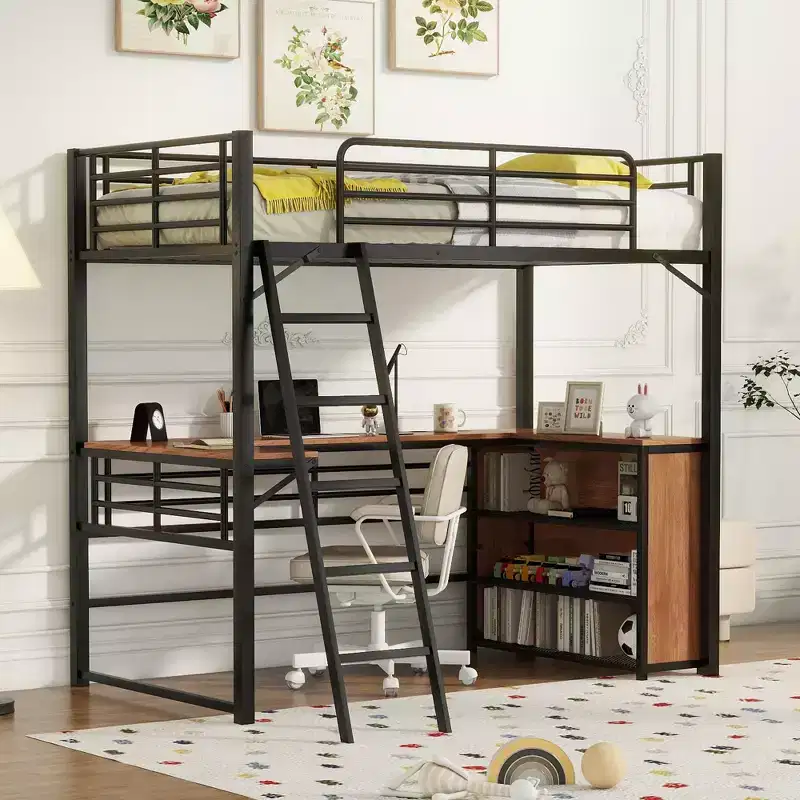 Metal Loft Bed with Desk and Shelves for Teens, High Loft Bed Frame with Desk and Storage