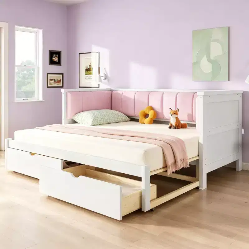 Luxystar Twin XL to King Size Daybed with 2 Drawers and Upholstered Backrest, White+Pink