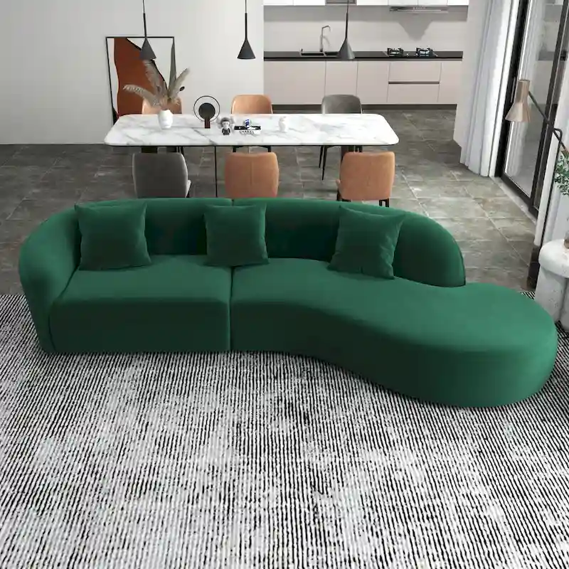 Gold / Dark Green Velvet Curved Tufted Sofa – 2-Seat
